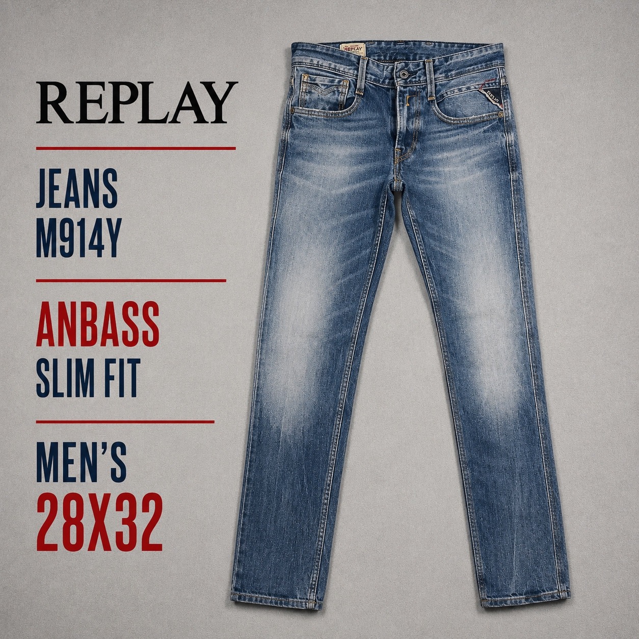 Replay Anbass Slim Fit Jeans Mens 28x32 Blue Medium Wash Denim M914y Hemmed